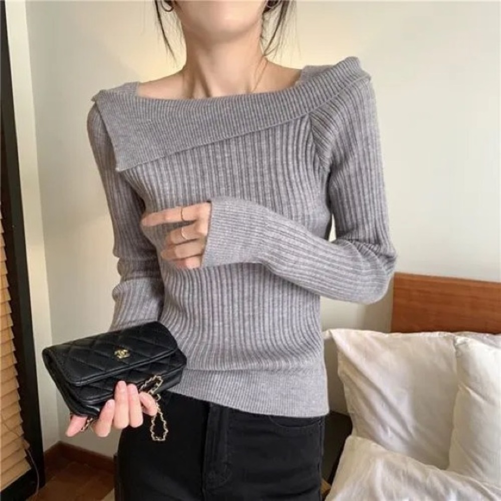 Dazy Ribbed Off Shoulder Knit Sweater Grey Fitted Minimalist Top Size S - Picture 13 of 13